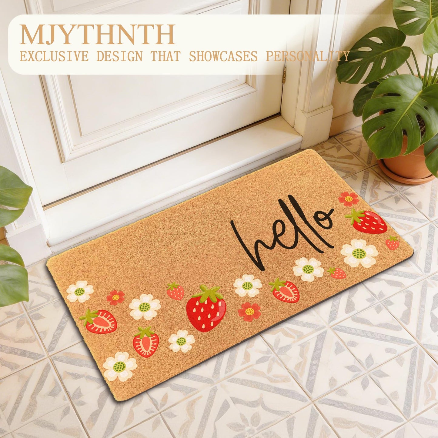 MJYTHNTH Strawberry Hello Door Mat Doormat for Front Door Outdoor Indoor, Spring Summer Strawberry Daisy Floral Welcome Mat Porch Rugs Outside Entrance, 17x30 Inches