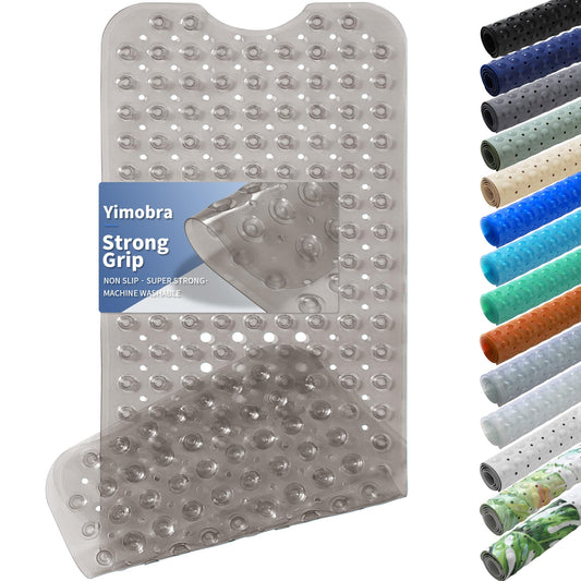 Yimobra Non Slip Bathtub Mat 40 x 16 Inch, Extra Long Shower Mat with Drain Holes, Machine Washable Baby Bath Mats, Strong Suction Cups for Bathroom Floor, Clear Grey