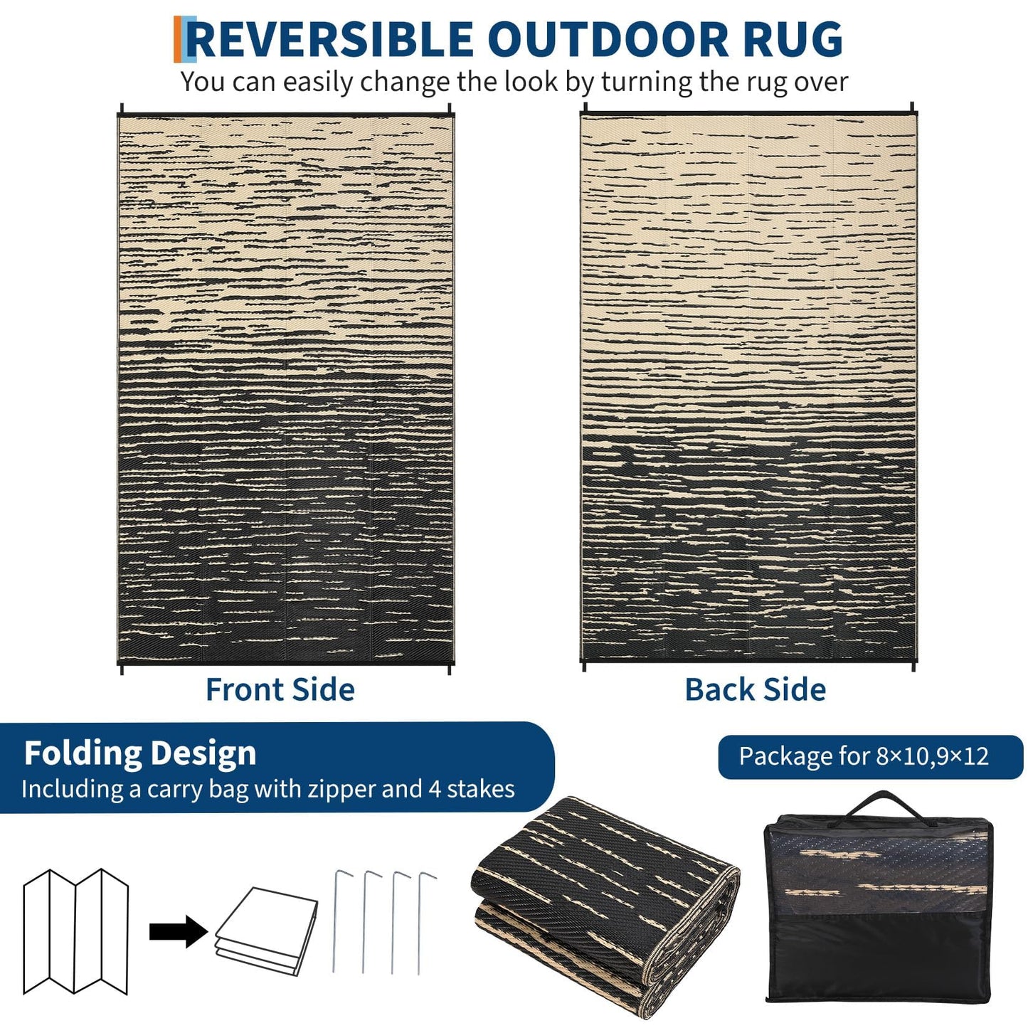 COZYLOOM Striped 6x9 RV Outdoor Rug Waterproof, Modern Outdoor Plastic Straw Rug, Foldable Lightweight Reversible UV Resisatnt Rugs for Picnic Backyard Deck Balcony Porch Beach Camper, Black Coffee