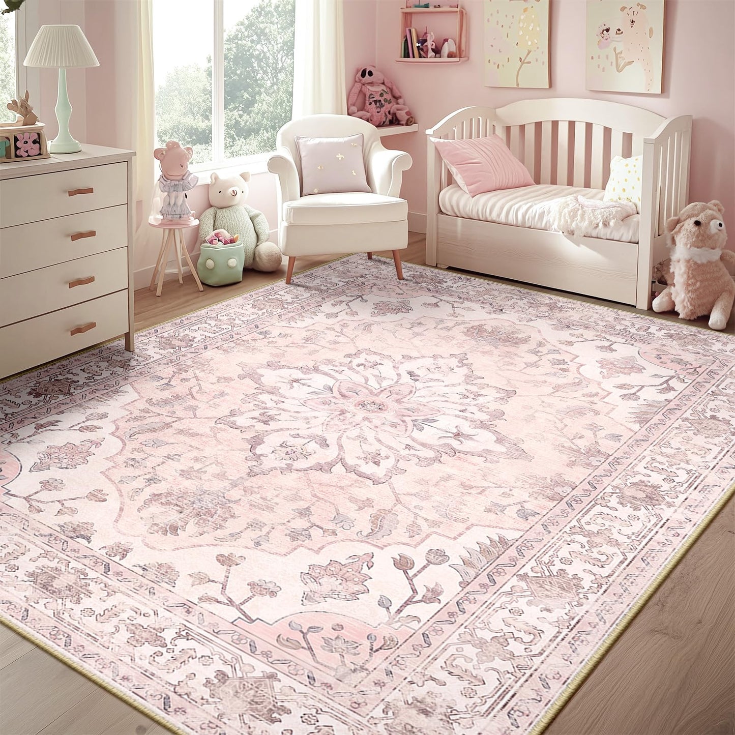 RELEANY Area Rugs 5'x7' Washable Non-Slip, Floral Vintage Distress Medallion Carpet for Living Room Bedroom Dining Room, Pink Greypink Cute