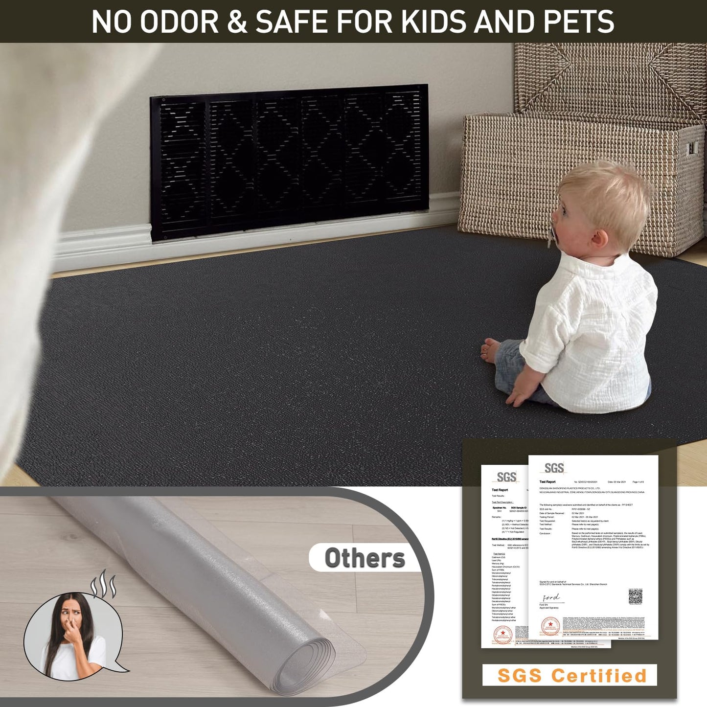 ZPAI Area Floor Mat for Home, 5'×7' Large Black No Slip Waterproof Vinyl Area Rug for Dining Room, Spill Resistant Hard Floor Protector Cover for Mud Room, Easy Clean Splat Mat for Under High Chair
