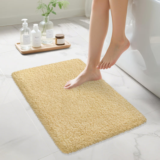 MondayRug Bathroom Rugs Non Slip 24"x16", Absorbent Bath Mats Quick Dry, Shaggy Microfiber Bath Rugs,Extra Soft Plush, Machine Washable Bath Mats for Bathroom Floor, Tub and Shower, Light Yellow