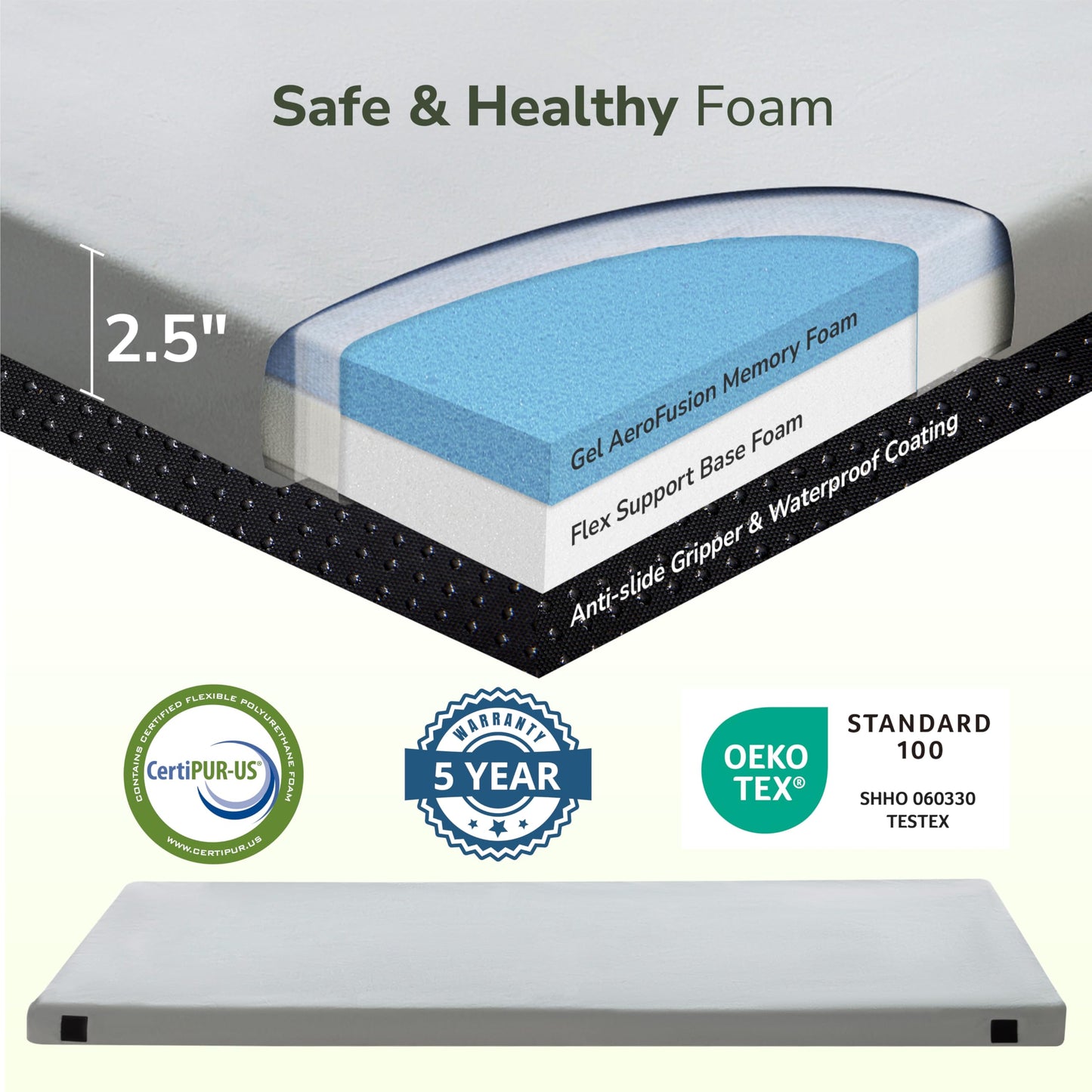 Memory Foam Camping Mattress 2.5 inch, Cot Pads, Single Small Portable Roll Up Camping Sleep Topper with Waterproof and Non-Slip Bottom, Camping Car Mat with Travel Bag, 72"×24"×2.5", Grey