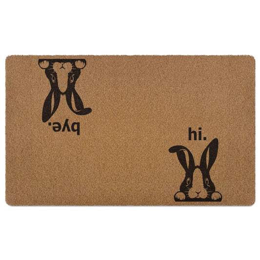 XLDLIOO Funny Hi Bye Easter Bunny Door Mat Doormat, Easter Welcome Front Door Mat Indoor Outdoor Entrance, Funny Bunny Rabbit Artificial Coir Doormats Rugs for Porch Entryway Home Decor 30x17in