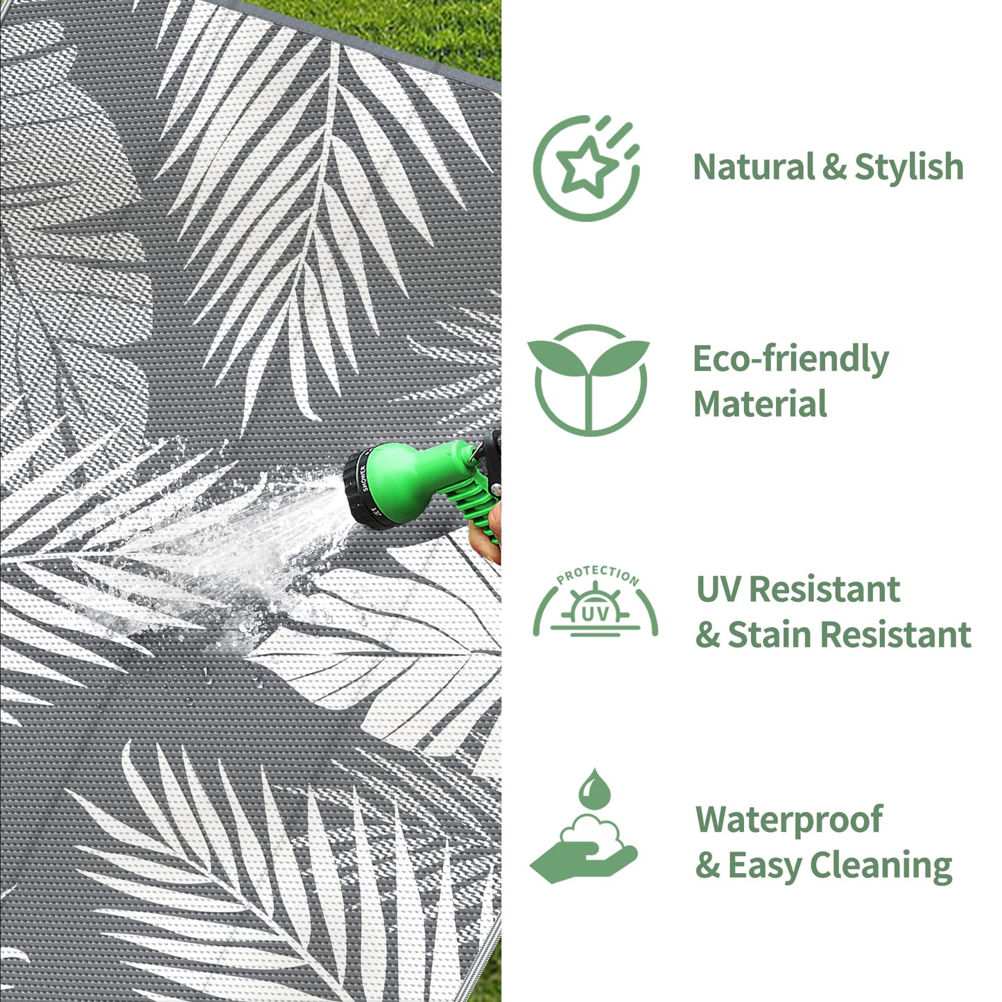 GENIMO Outdoor Rug 8' x 10' Waterproof for Patios Clearance, Reversible Plastic Straw Camping Rug Carpet, Large Area Rugs Mats for RV, Picnic, Backyard, Deck, Balcony, Porch, Beach, Grey&White