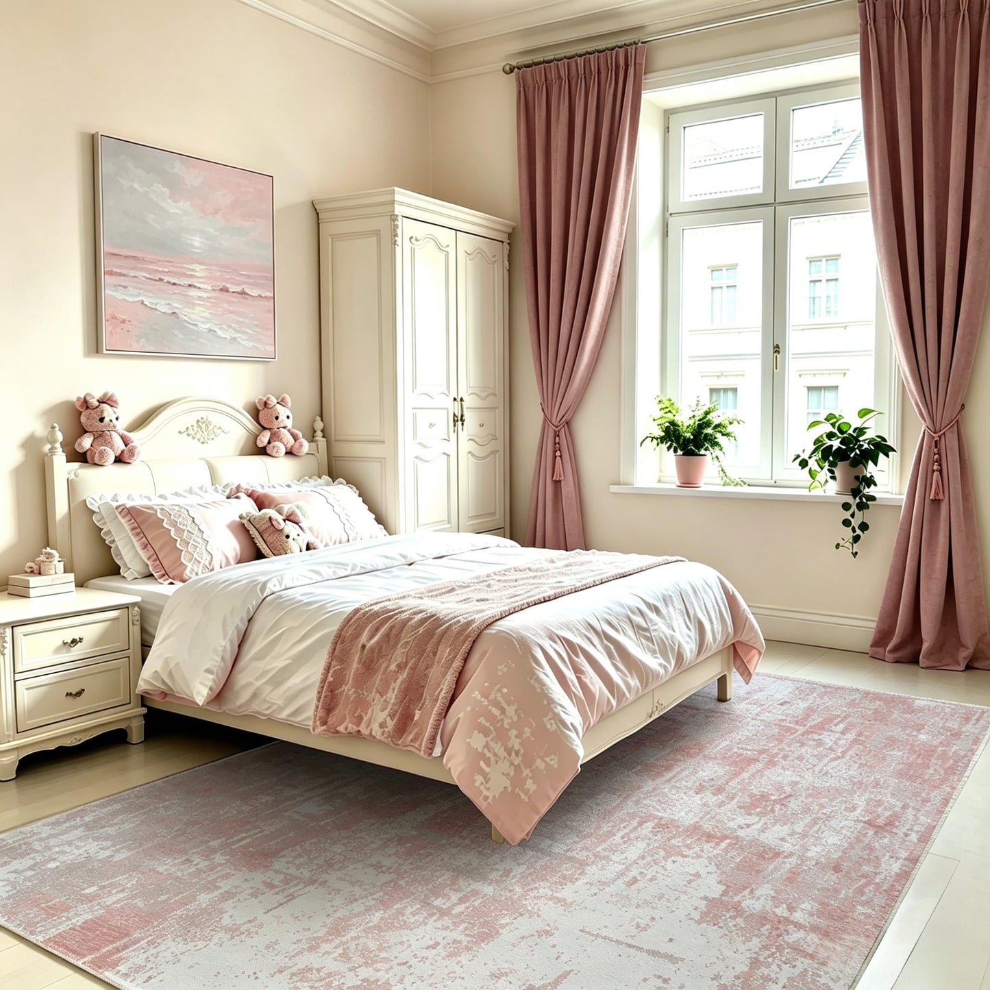 5'x7' Washable Area Rug for Living Room - Abstract Soft Non-Slip Neutral Carpet Stain Resistant Floor Mat for Bedroom Dining Room Farmhouse Nursery Home Office(Blush Pink/Ivory,5x7)