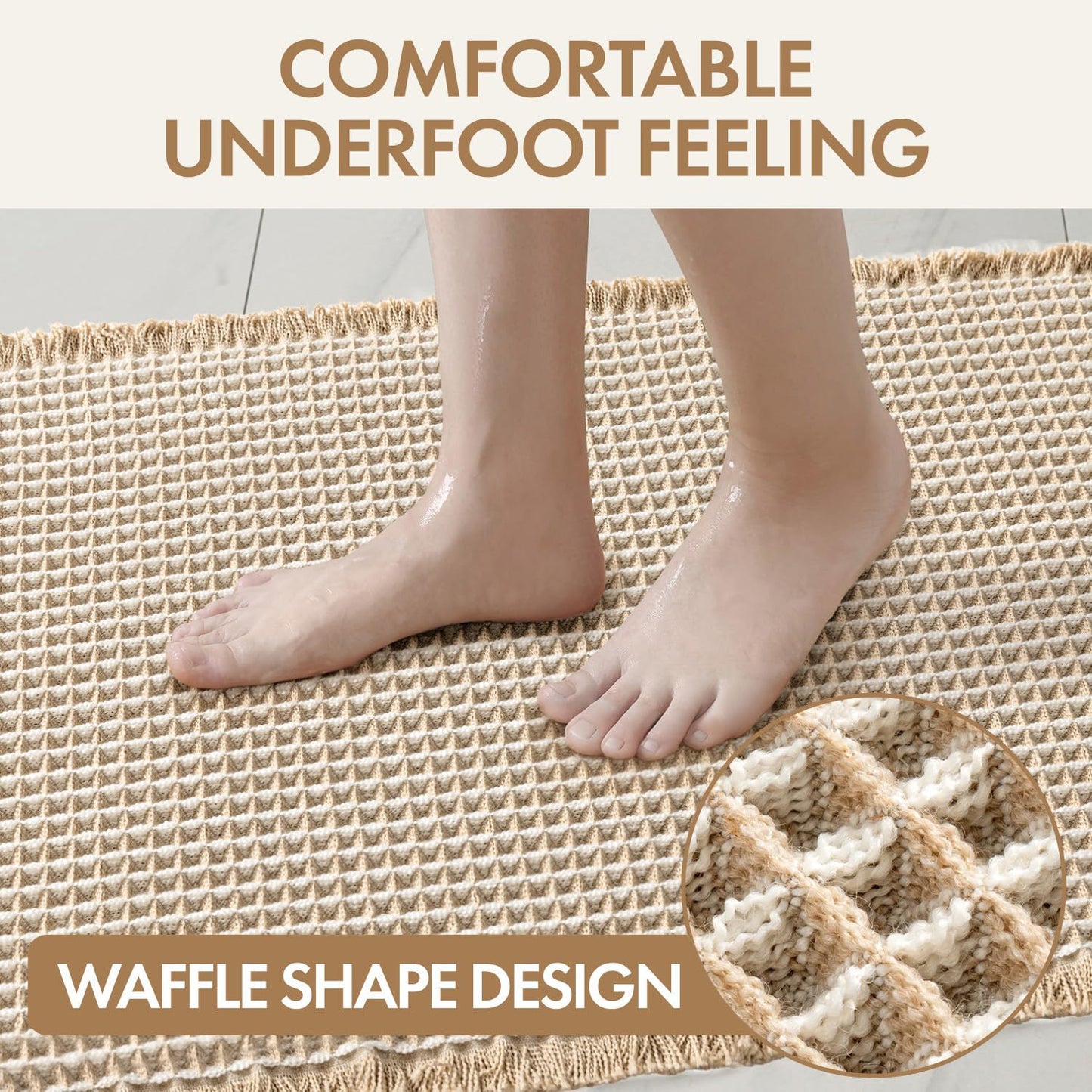 MIULEE Waffle Bathroom Runner Rugs, Super Absorbent Non Slip Bath Rug, Soft Quick Dry Washable Boho Large Beige Bath Mat with Tassels for Hallway Laundry Room Bedroom, 2'x6' (24"x72"), Brown & White
