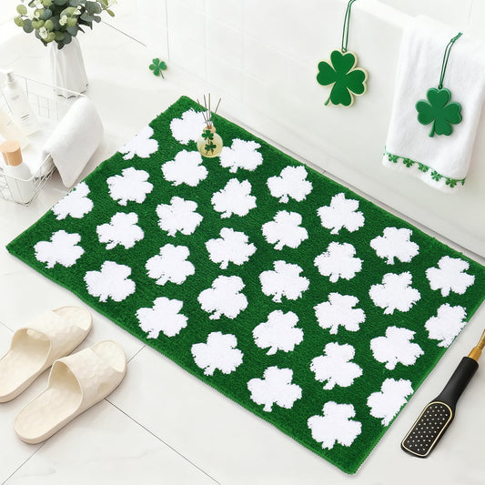 FYSUIMU St. Patrick's Day Rug Bath Mat 19.7 x 31.5” Absorbent Floor Carpet Non Slip Green White Shamrock Lucky Clover Bathroom Rug for Irish Holiday Home Bathroom Floor Decoration