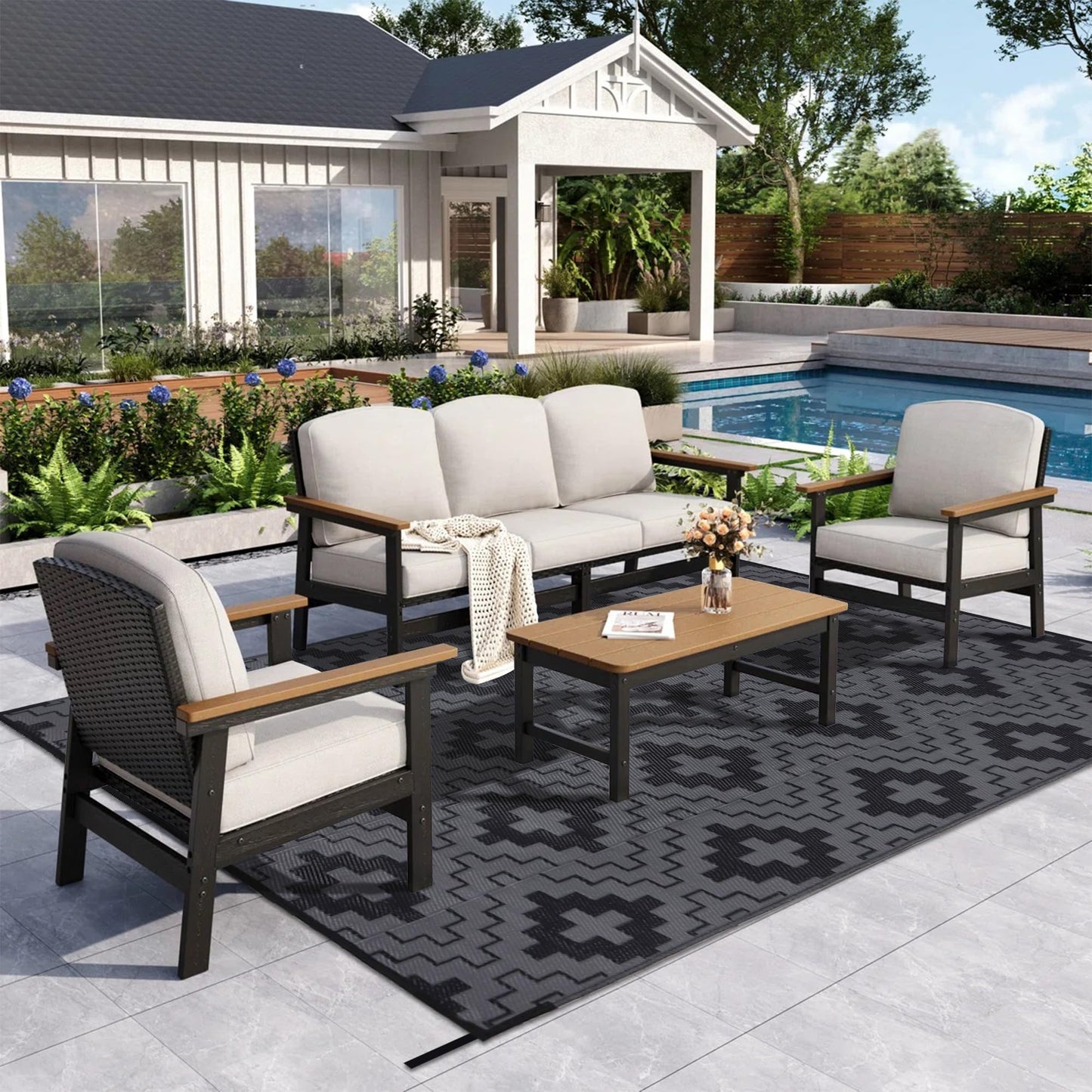 SAND MINE Waterproof Outdoor Rug 6x9 ft, Reversible Plastic Straw Area Rug, Large Floor Mat for Patio, Backyard, Deck, RV, Camping, Picnic, Beach, Balcony & Porch - Black & Grey
