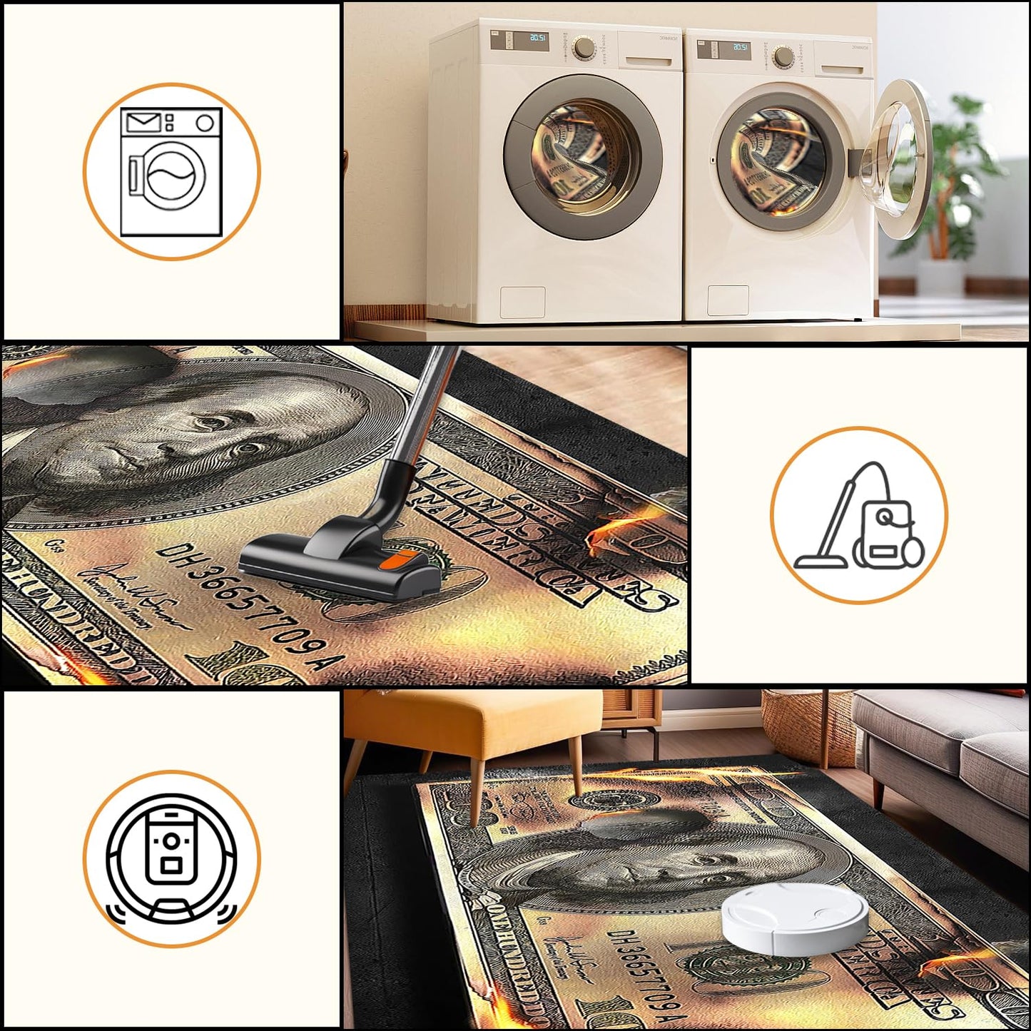 DVKKHD Burning 100 Dollar Bill Area Rug 4x6, Black Gold Room Decor Carpet