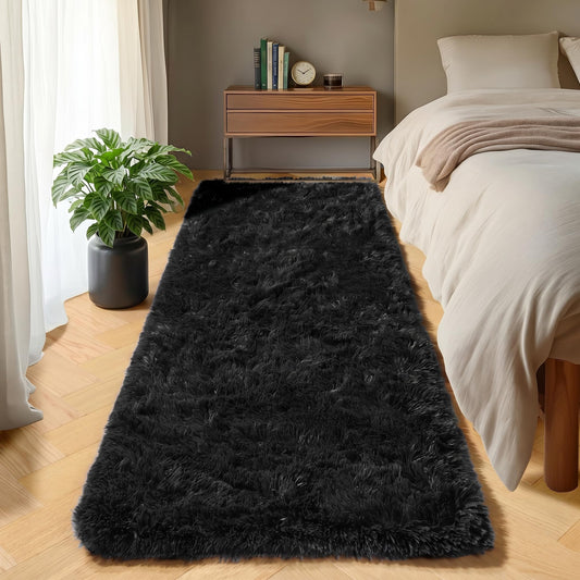ONASAR Black Runner Rugs for Bedroom Living Room, 2x6 Bedside Fluffy Area Rug, Indoor Ultra Soft Plush Shaggy Furry Floor Throw Carpet for Hallway Nursery Kids Boys Girls Dorm Closet Home Decor