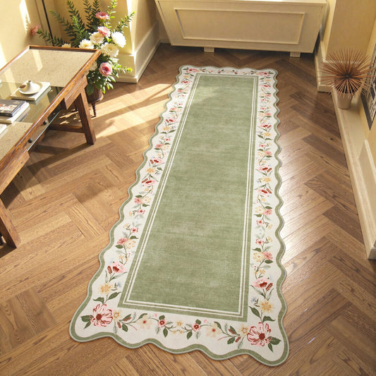 Lahome Floral 2'x 6' Washable Kitchen Runner Rug, Green Rug Runners for Hallways Non Slip, Scalloped Runner Rug Ultra-Thin Stain Resistant Boho Carpet for Entryway Bathroom Bedroom Ariele（Green，2x6ft）