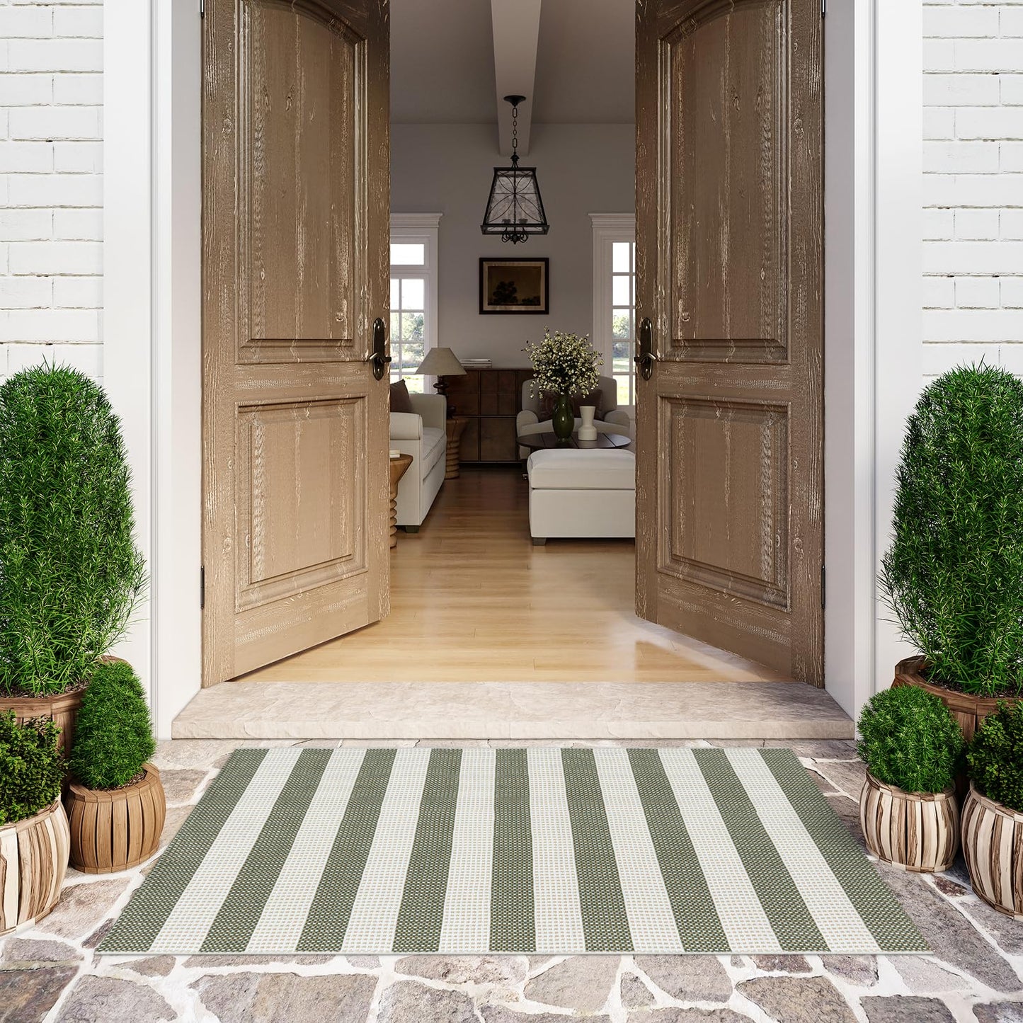 Sungea Striped Outdoor Rug 3x5, Boho Washable Front Porch Rug Cotton Hand Woven Outside Door Mats,Foldable Layered Doormat for Farmhouse/Entryway/Home Entrance(Green and White)