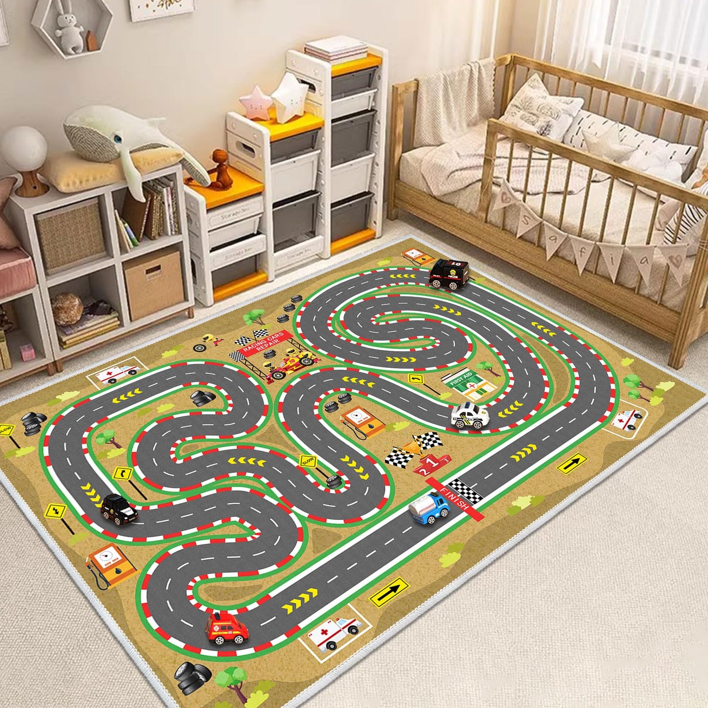 Kids Car Rug, Race Track Playmat Rugs for Cars, Road Traffic Carpet for Playroom, Fun City Life Map Toy Play Mat for Bedroom Boys(Desert Mirage Track,3.3×4.9ft/39×59in)
