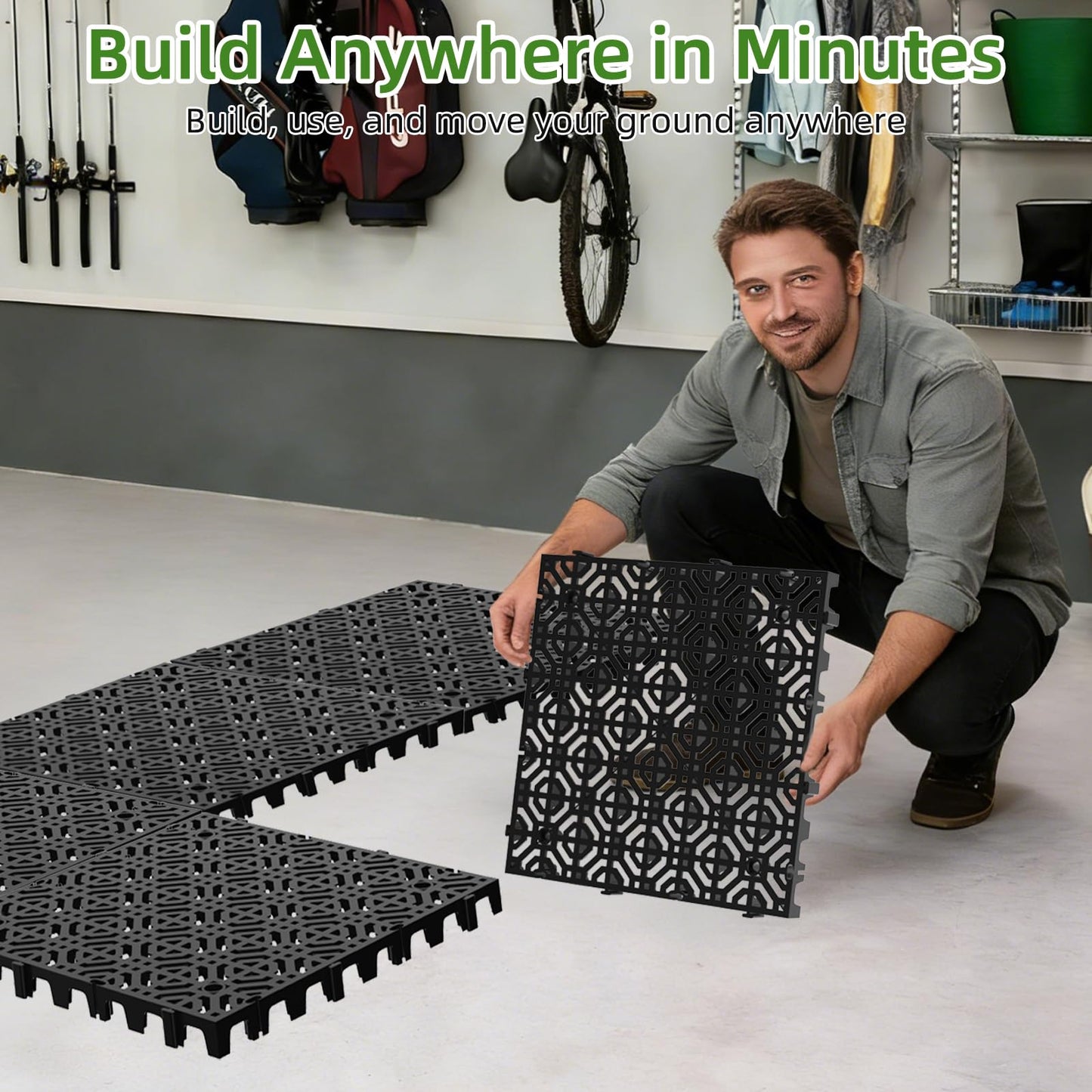 15 Pcs 15.7" x 15.7" Heavy Duty Ground Protection Mats, Interlocking Non-Slip Floor Mat, Heavyweight Gravel Grid Drive on Lawn, 6613 lb Load Permeable Paver for Parking, Outdoor Event Flooring, Black