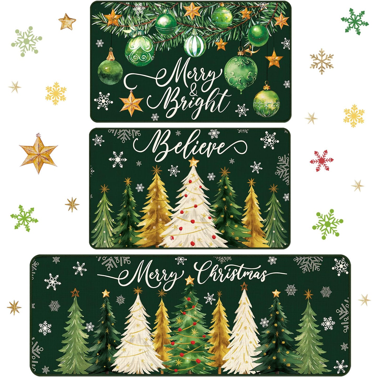 Drydiet 3 Pcs Green Christmas Kitchen Rug and Mat Set Xmas Tree Snowflakes Kitchen Floor Mat Waterproof Non Slip Farmhouse Merry Christmas Doormat Holiday Xmas Decor for Home Office Bathroom Decor
