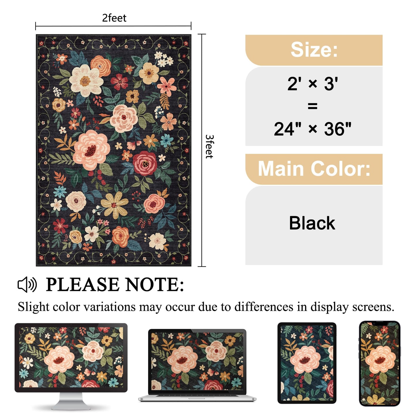 DUKINO 2x3 Rugs for Entryway, Floral Indoor Washable Door Mat, Non Slip Boho Small Rug for Kitchen, Soft Low Pile, Front Door Throw Rug for Entrance, Bedroom, Kitchen, Laundry, Bathroom, Black