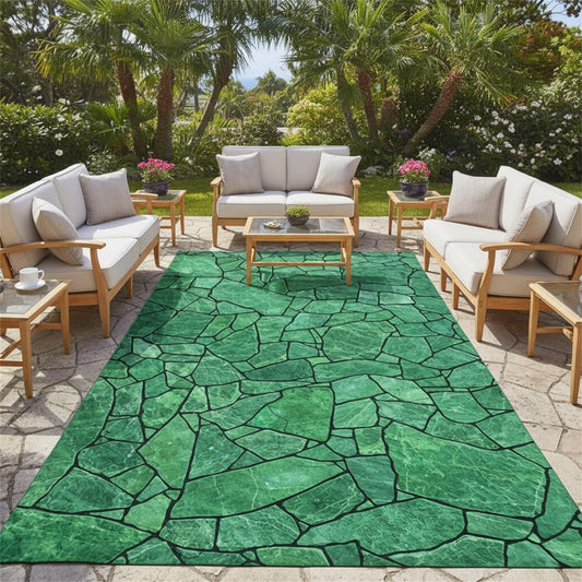 Emerald Green Irregular Stone Pattern Area Rug 2x3 Rustic Outdoor Waterproof Rugs for Porch Patio Deck Backyard Non Skid Thin Low Pile Outside Large Carpet Balcony Foyer RV Mats Front Yard Rug