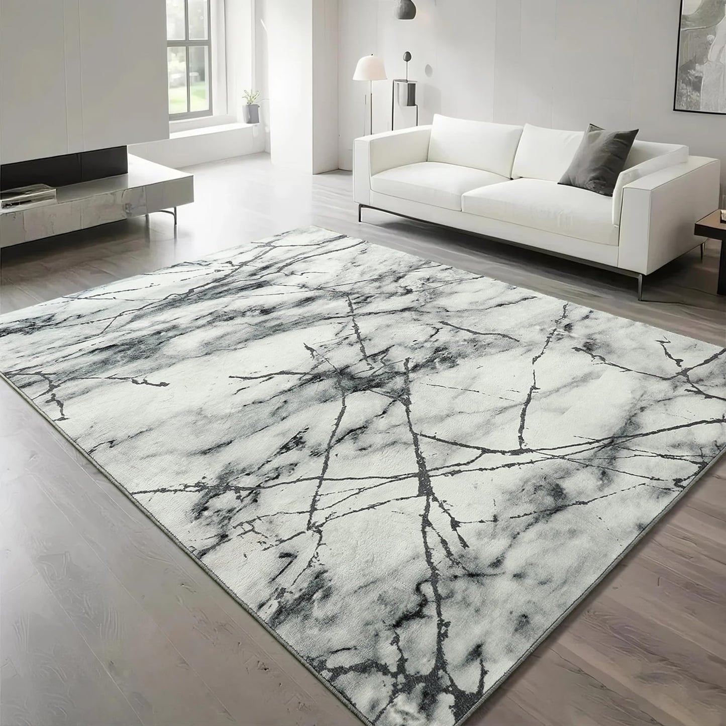 Przemy Area Rugs for Living Room, 4x6 Washable Rug for Bedroom, Modern Non Slip Carpet for Dorm Hallway Nursery Dining Room Office, Grey and White