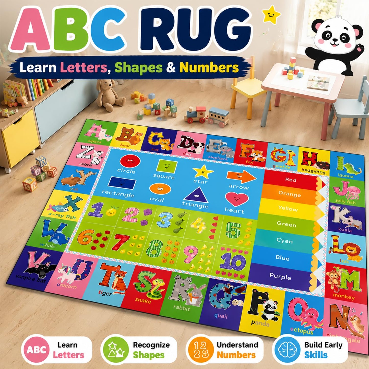 ABC Kids Play Rug, Non-Slip Classroom Carpet, 78.7" x 59"