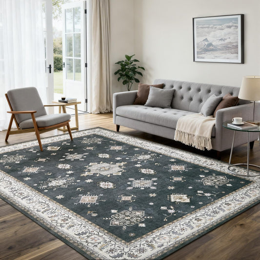 8'x10' Washable Area Rug Non-Slip, Vintage Floral Medallion Distressed Carpet, Soft Low Pile Indoor Floor Mat for Living Room Bedroom Dining Room, Navy Blue & Ivory Vintage