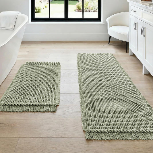 H.VERSAILTEX Waffle Bath Mat Super Absorbent Boho Bath Mat Non Slip Bath Rugs for Bathroom Floor Machine Washable Dry Fast Bathroom Rugs with Tassels (47 x 17 Plus 17 x 24 Inches, Sage)