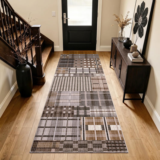 Rezutan Washable 2x6 Runner Rug, Hallway Modern Plaid Non Slip Soft Rugs Caramel Brown Grey Chocolate Geometric Checkered Kitchen Low Pile Non-Shedding Foldable Runners for Entryway Laundry Bedside