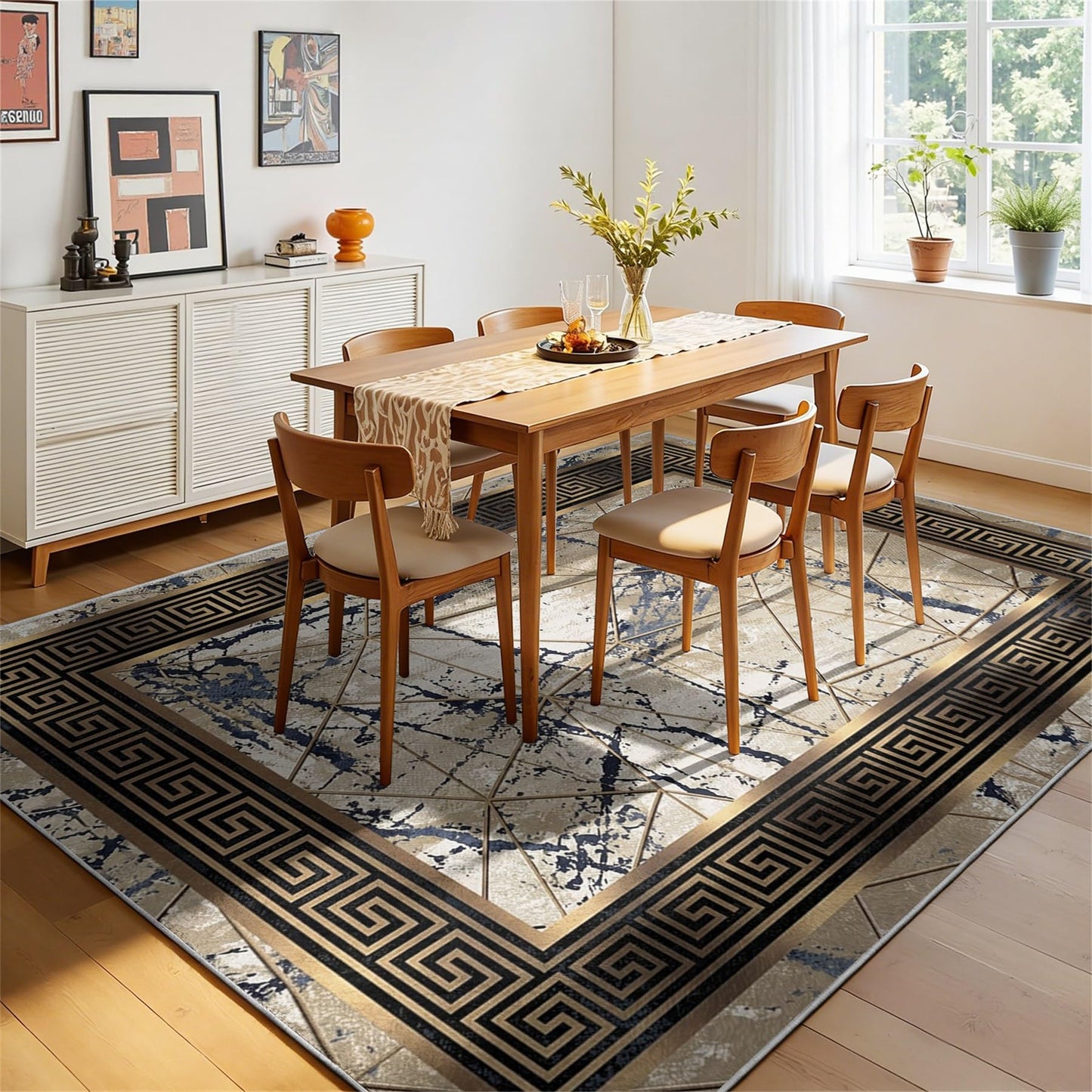 Greek Key Marble Area Rug 5x7ft, Gold Black Grey Blue Geometric Low Pile Carpet, Non-Slip Washable Stain Resistant Floor Mat, Modern Glam Abstract Border Design for Living Room, Bedroom, Office