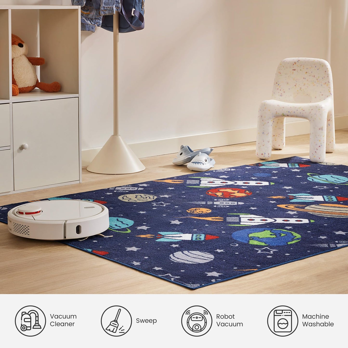 SLEEP ZONE Kids Rugs for Playroom, Area Rugs for Boys Bedroom, Washable Nursery Carpet, Non Slip Rug Play Mat, Space Rocket Planet, 4X6 Feet