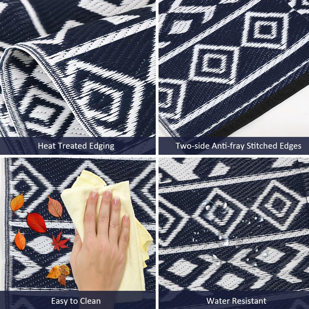 Pendolr 5’x8’ Outdoor Rug Waterproof Carpet Patio Mat Outdoor Plastic Straw Rug Camping Rug Reversible Outside Outdoor Area Rug for Balcony Deck Backyard RV Picnic Beach Navy&White 03#