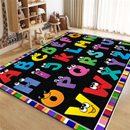 Srocvi Kids Area Rug English Characters ABC and Math Symbols Learning Carpets, Lovely Black Foldable Large Area Rugs Perfect for Dining Room Bedside Kids Boys Bedroom Playroom Hallway, 3x5ft