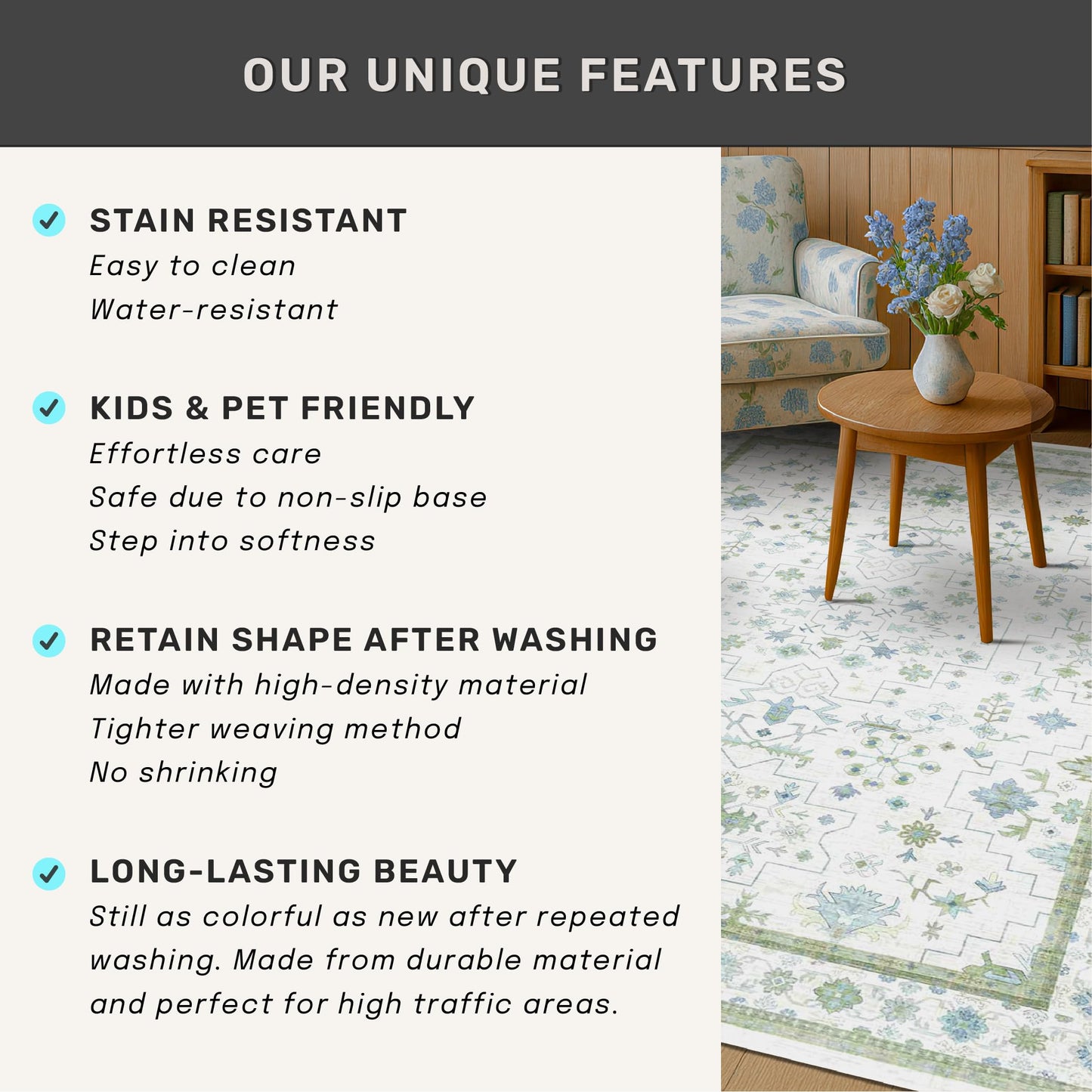 Hazo Haus Cream Oushak 6x9 Bedroom Rug - Boho Floral Cool Blue and Green, Washable Low Pile Non-Slip Ultra-Thin Large Area Rugs for Bed Room, Living Room, Playroom