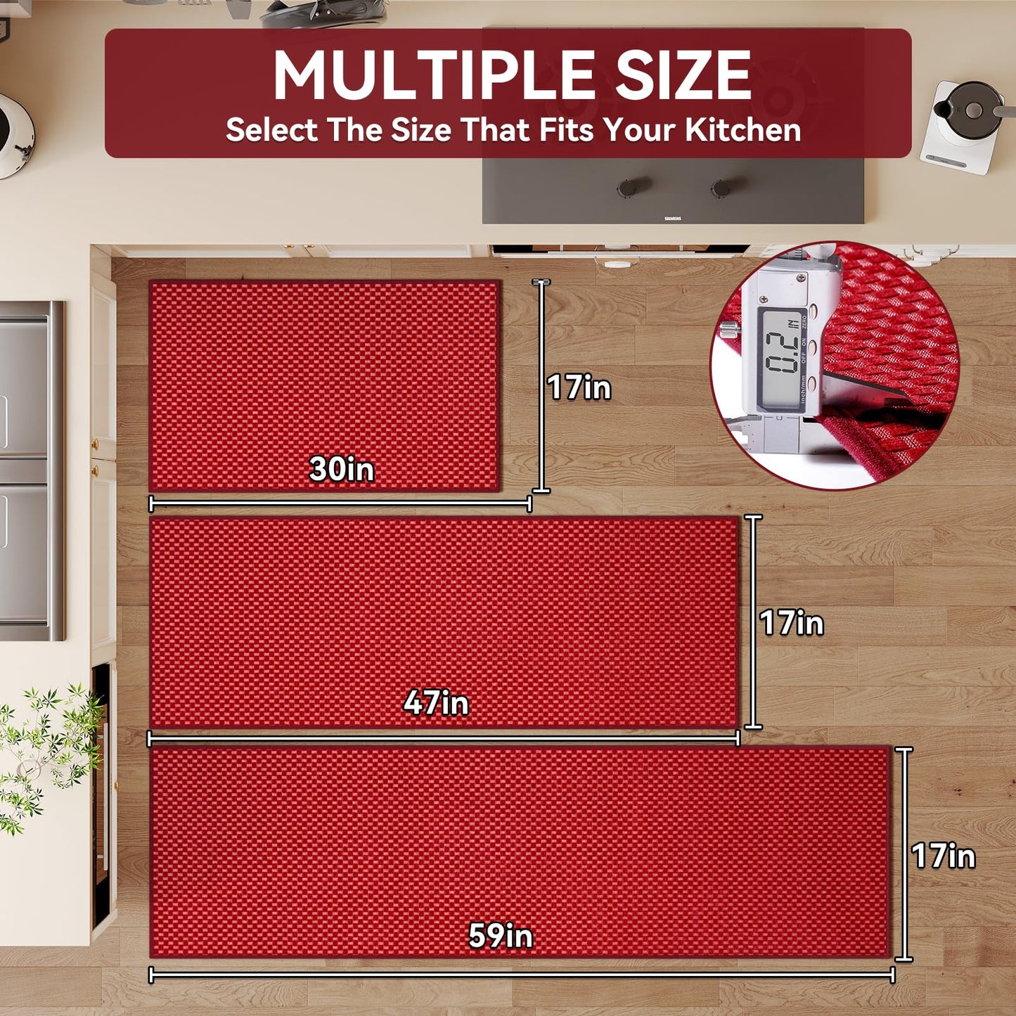 YDKGL Kitchen Rugs Non Slip Washable, Rubber Backing Soft Chenille Braided Kitchen Mats for Floor, Super Absorbent Kitchen Runner Rug Standing Mat Sink Mat, Easy to Clean, Red 17"x47"