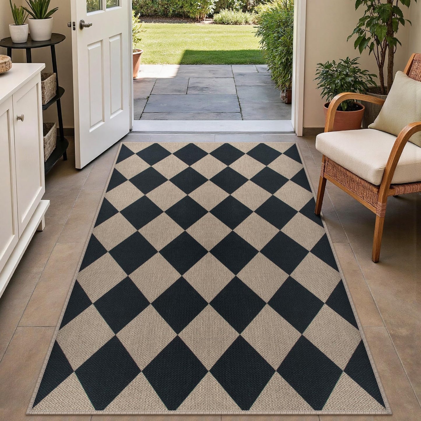 Rugalia Easy Jute Small Outdoor Patio Rug, 3x5 Black Checkered Entryway Rug Washable Modern Diamond Kitchen Rugs, Non-Slip Neutral Farmhouse Throw Carpet for Living Room Porch Backyard