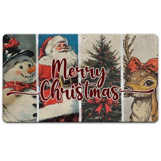 Exqcom Vintage Christmas Door Mat, Retro Merry Christmas Tree Snowman Santa Reindeer Doormat Indoor Outdoor Outside Entrance Entryway, Xmas Welcome Mat for Front Door, 17x30 Inches