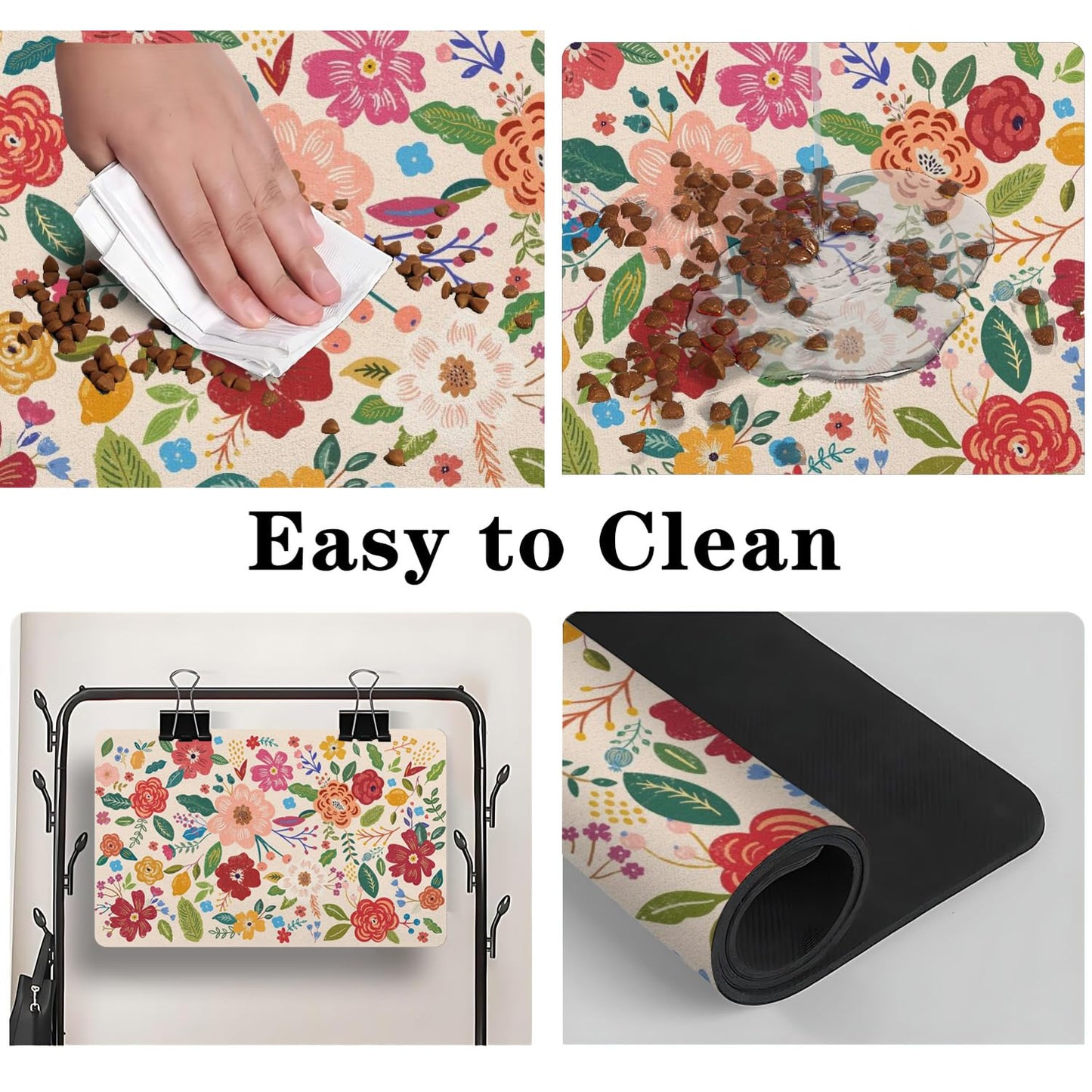 Dog Food Mat for Floors, Absorbent and Quick-Drying Pet Cat Food Mat,Anti-Fouling and Easy-to-Clean Pet Feeding Mat,Dog Bowl Mats for Messy Drinking Water Bowls.17x27inch Floral White