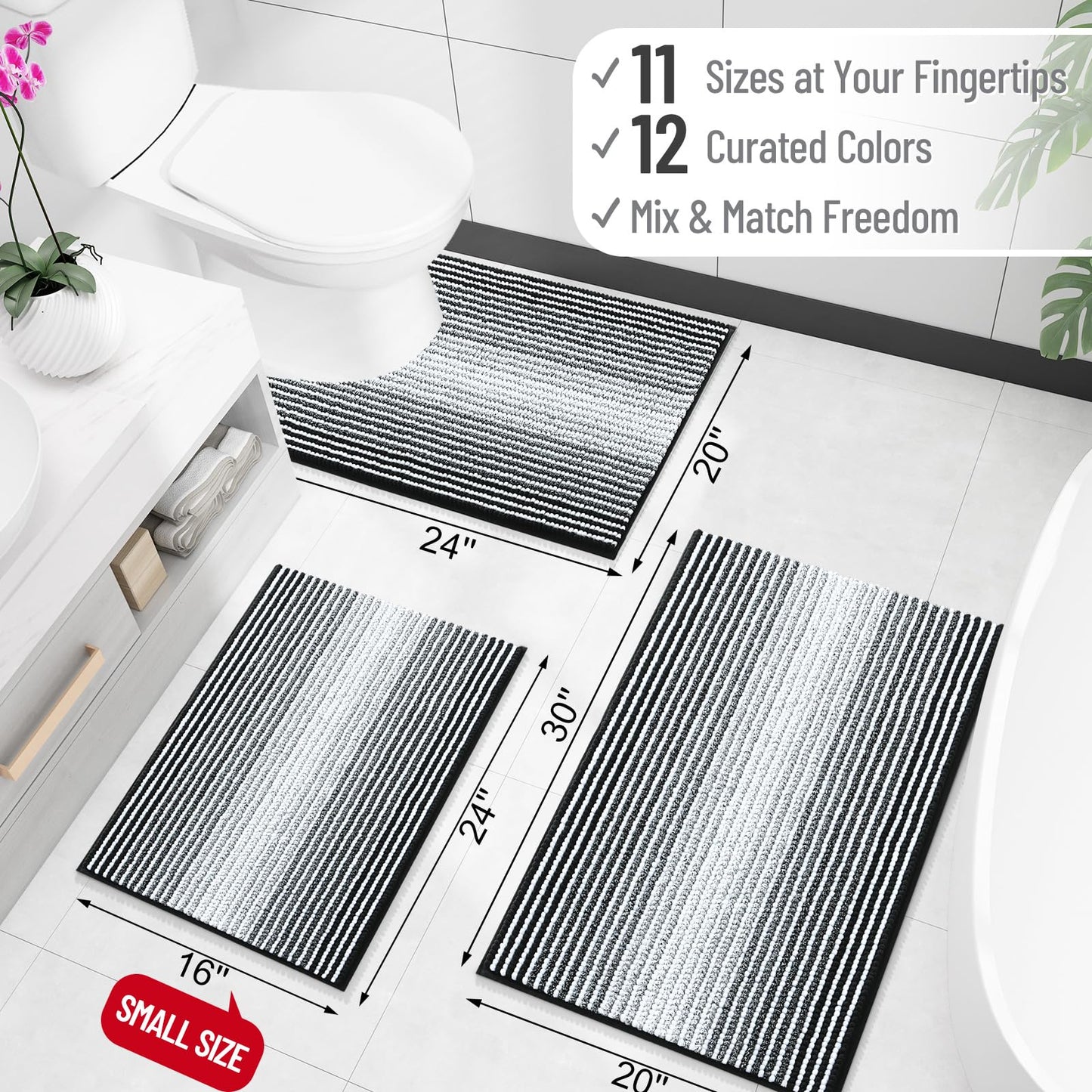 OLANLY Bathroom Rugs 30x20, Extra Soft Absorbent Chenille Striped Bath Rugs, Rubber Backing, Machine Wash Dry, Bath Mats for Bathroom Floor, Tub and Shower, Home Decor Accessories, Black