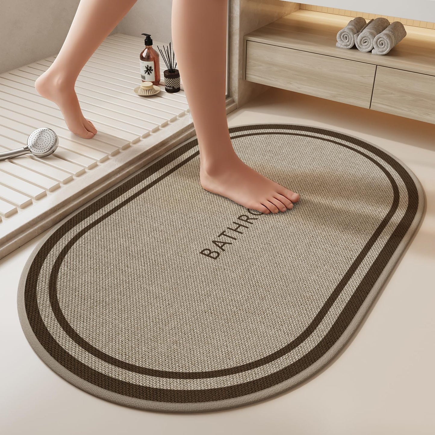 QiCaiJia Ultra Thin Oval Bath Mat Bathroom Rugs, Quick Dry Super Absorbent Washable Bath Shower Mats, Rubber Backing Non Slip Bathroom Rug Fit Under Door, 20x32, Border Brown
