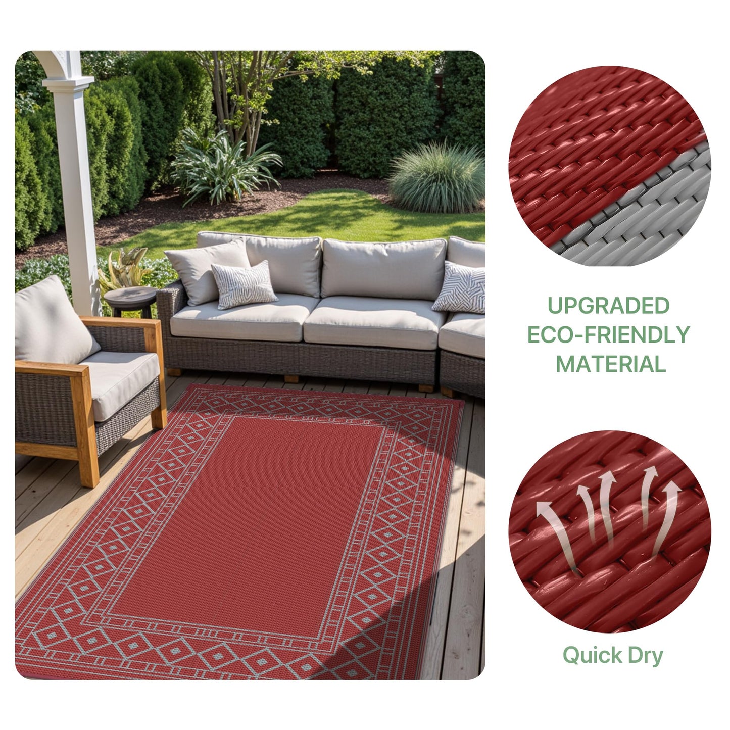 GENIMO Outdoor Rug Waterproof 6'x9' for Patio, Foldable Reversible Plastic Straw Carpet for Travel Trailers, Outside Area Mat for Rv, Deck, Picnic, Porch, Balcony, Beach, Red & Grey