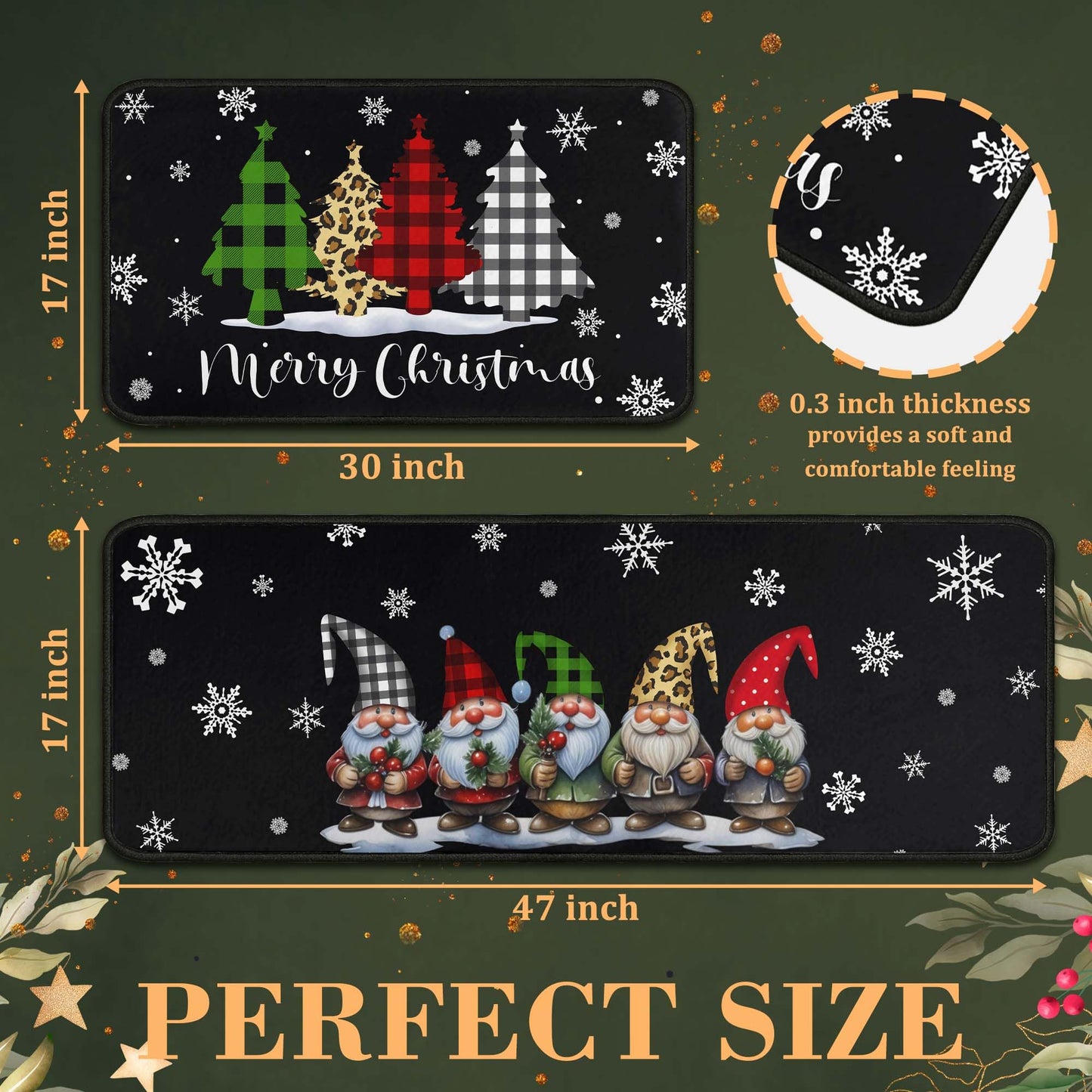 OUXIOAZ Buffalo Plaid Tree Gnomes Black Merry Christmas Kitchen Rugs Set of 2, Winter Holiday Party Low-Profile Floor Mat Decorations for Home Kitchen 17"x47"+17"x30"
