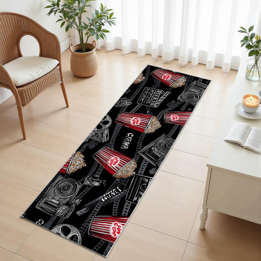 Movie Theater Decor Hallway Runner Rug 4x10ft – Popcorn and Projector Design, Washable Non-Slip Carpet for Living Room, Bedroom, Kitchen, Home Theater, Perfect for Movie Night Home Decor