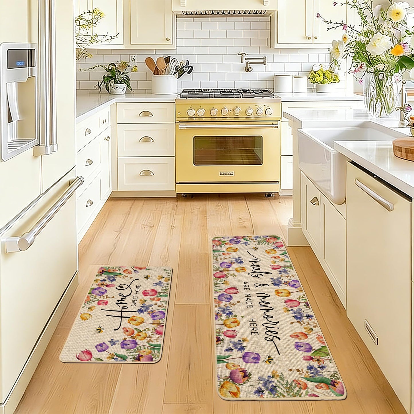 Baccessor Home Sweet Home Kitchen Mats Set of 2, Summer Floral Tulip Kitchen Rugs for Floor Spring Non Slip Low-Profile Seasonal Home Decor 17x29 and 17x47 Inch
