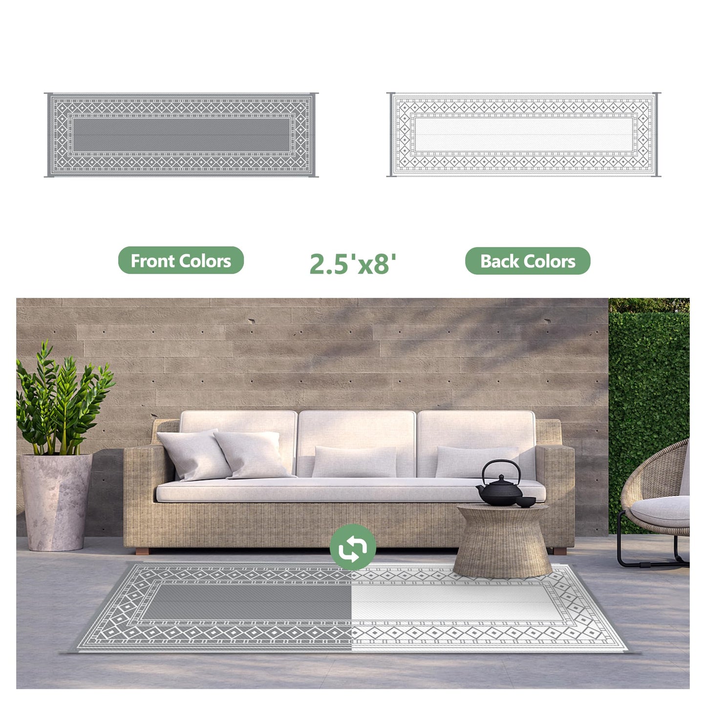 GENIMO Outdoor Rug Waterproof for Patio, 2.5'x8' Foldable Reversible Plastic Straw Runner Rugs and Carpet for Porch, Outside Area Mat for Rv, Deck, Picnic, Camper, Balcony, Beach, Grey & White