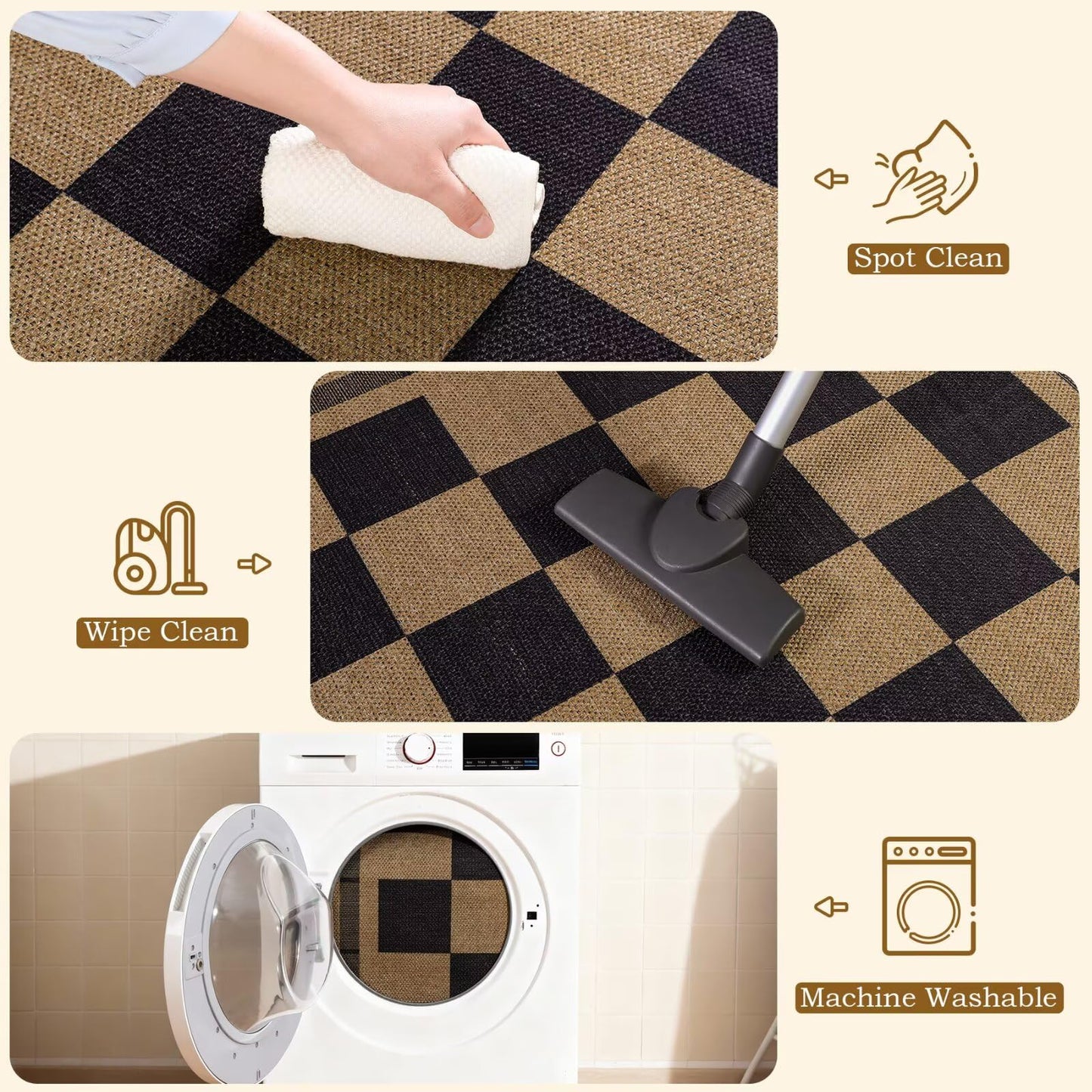 Vasofe 2x6 Jute Checkered Rugs, Outdoor Runner, Runner Rug for Hallway, Washable Patio Porch Balcony Runners Indoor Bedroom Kitchen Laundry Mat, Non Slip Plaid Farmhouse Carpet, Black and Brown