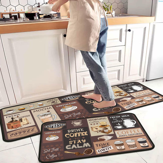 Vintage Coffee Themed Kitchen Rugs Set of 2, Coffee Cup Bean Quote Water Absorbent Non Slip Kitchen Floor Mats, Cafe Farmhouse Runner Rug for Sink Laundry Room Decor, 17"x30"+17"x47"