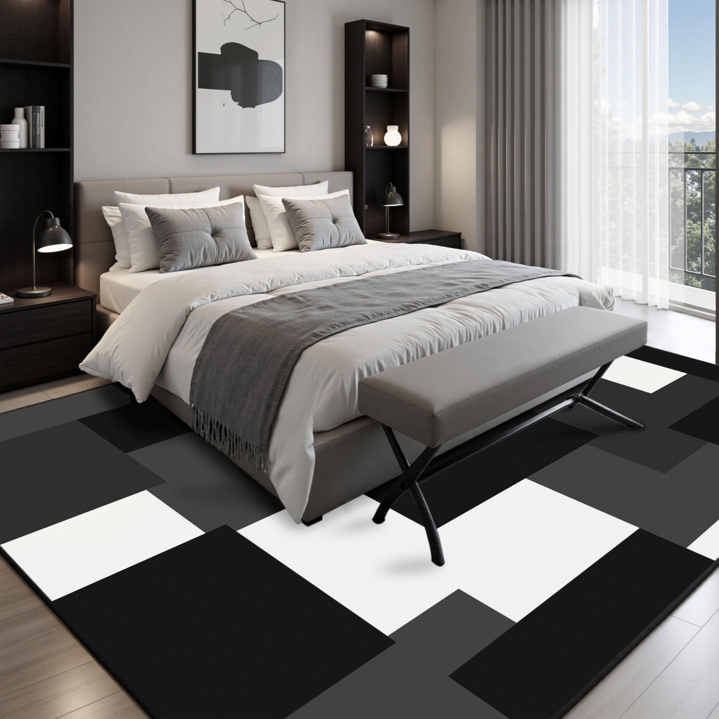 Tyrot Modern Geometric 5x7 Area Rugs Non Slip Mid Century Washable Rug Black and White Grey Abstract Ultra Thin Linen-Look Indoor Outdoor Rug for Living Room Bedroom Dining Room, Home Office