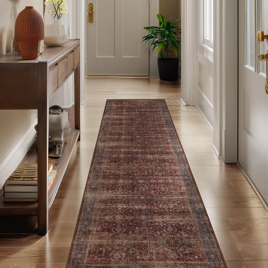 Jainmy Brick Red 2x6 Rug Runners for Hallways Non Slip, Washable Non Slip Thin Carpet Runners for Kitchen Floor, Vintage Distressed Earth Tone Runner Rug for Entryway/Foyer/Bedroom/Laundry Room