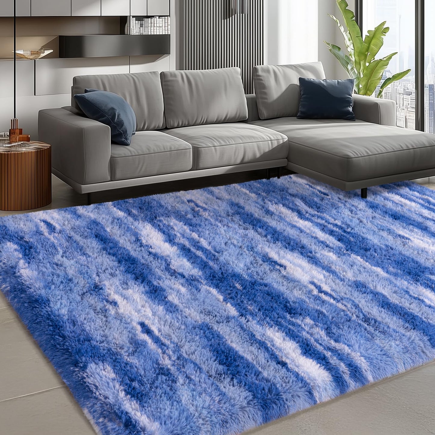 Ailyei Shag Rugs for Living Room 8x10, Ultra Soft Abstract Blue Big Fuzzy Rugs for Bedroom, 8 x 10 Fluffy Shaggy Plush Carpet Girls Kids Room Dorm Upgrade Non-Slip