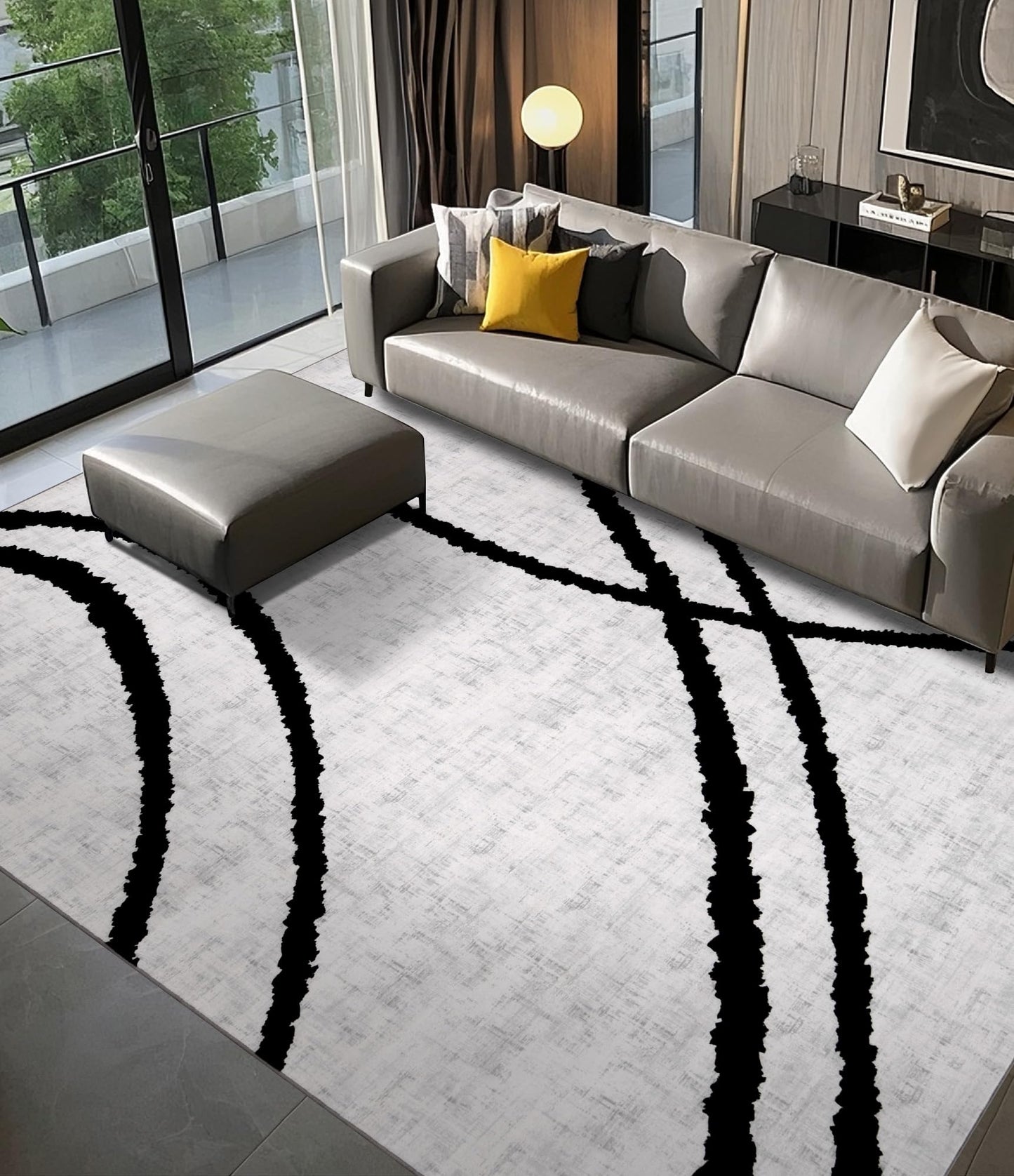 YIHOUSE Modern Area Rugs 6x9, Washable Black and White Rug, Thin Abstract Geometric Minimalist Striped Rug, Black Rugs for Living Room,Bedroom,Kitchen,Dining Room,Office