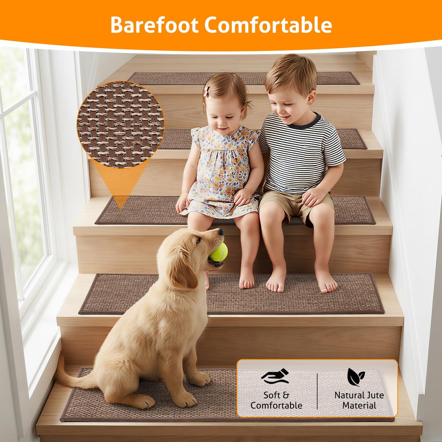 WICHEMI 9"x30"Stair Treads Non Slip Indoor, 15 Pack Stair Runner Carpet, Stair Covers for Wood Stairs with Reusable Adhesive for Kids Seniors Pets, Brown